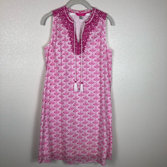 2/$30 Joules Dress Orianne Sleeveless Embroidered Pink & White Geometric Size 4 - Picture 3 of 15